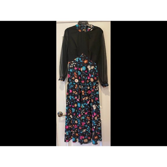 Sears Fashions 1970s Dress Maxi Black Floral Sheer Sleeve High Neck 14 Vintage - Picture 2 of 8
